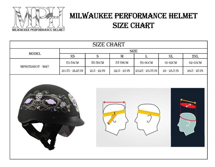 Milwaukee Performance Helmets MPH9726DOT Sugar Skull Matte Black DOT Half Helmet w/ Drop Down Visor