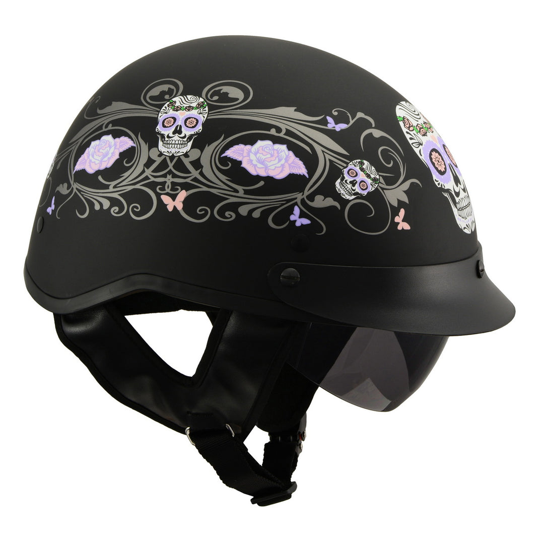 Milwaukee Performance Helmets MPH9726DOT Sugar Skull Matte Black DOT Half Helmet w/ Drop Down Visor