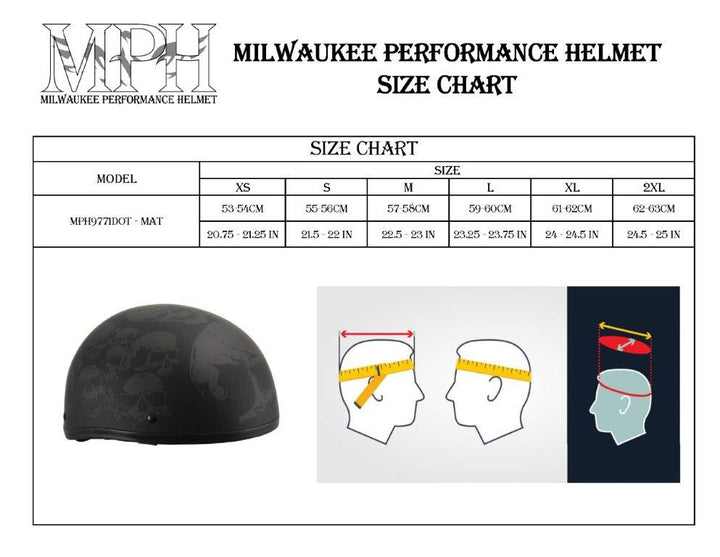 Milwaukee Helmets MPH9771DOT Skull Graphics Americas Smallest Matte Black Half Helmet
