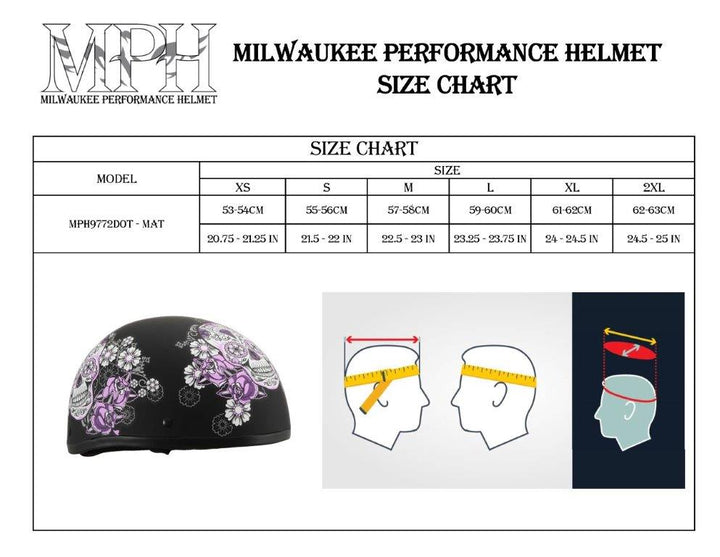 Milwaukee Helmets MPH9874N Novelty Flowered Sugar Skull Matte Black Half Helmet