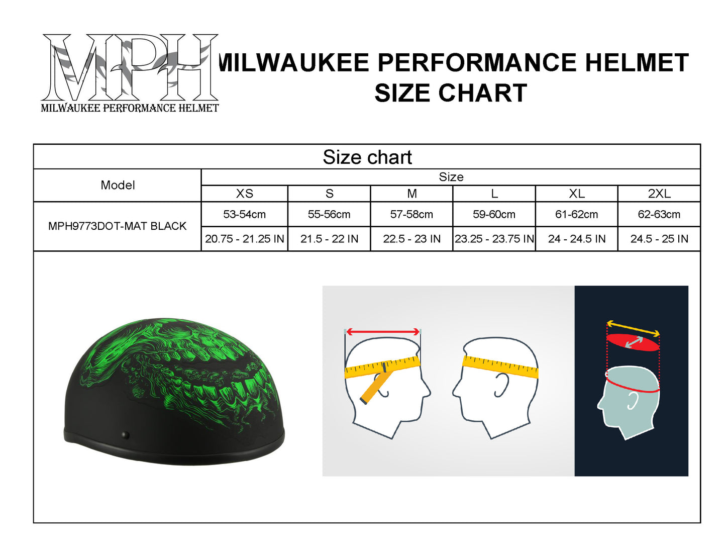 Milwaukee Helmets MPH9875N Novelty 'Green Demon' Matte Black Half Helmet