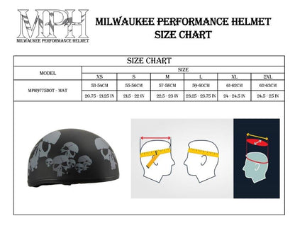 Milwaukee Helmets MPH9775DOT Americas Smallest Matte Black Half Helmet with Skeleton Head Graphics