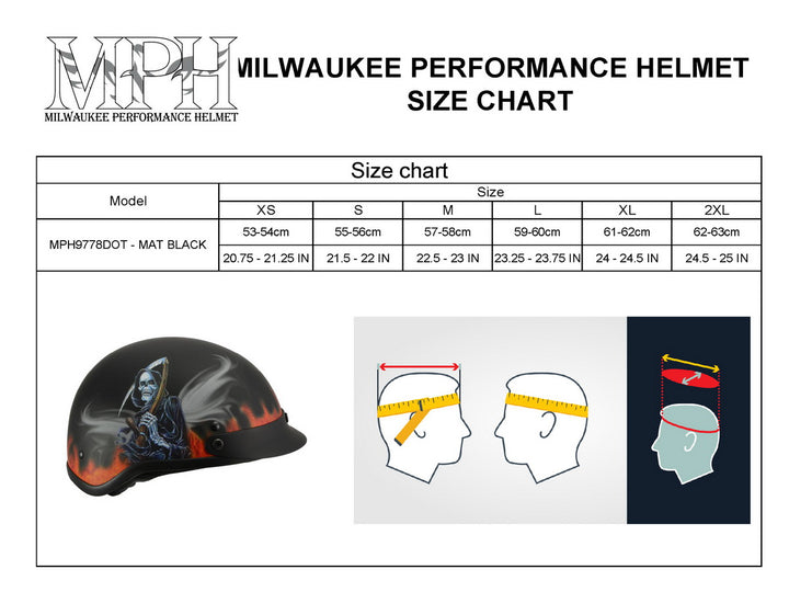 Milwaukee Helmets MPH9778 Matte Black Grim Reaper DOT Half Helmet