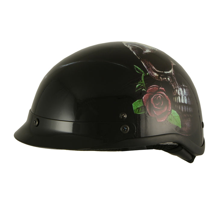 Milwaukee Helmets MPH9780 Black Rose Skull &amp; Revolver DOT Half Helmet