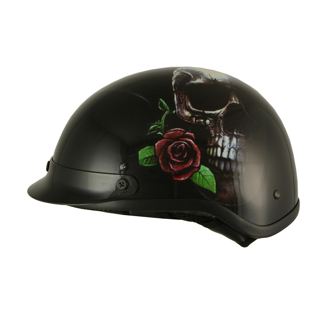 Milwaukee Helmets MPH9780 Black Rose Skull & Revolver DOT Half Helmet