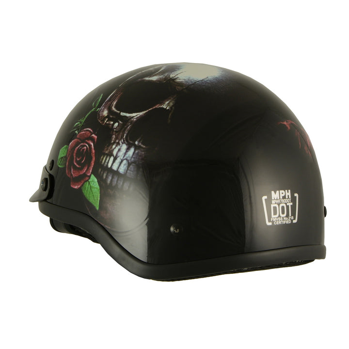 Milwaukee Helmets MPH9780 Black Rose Skull &amp; Revolver DOT Half Helmet