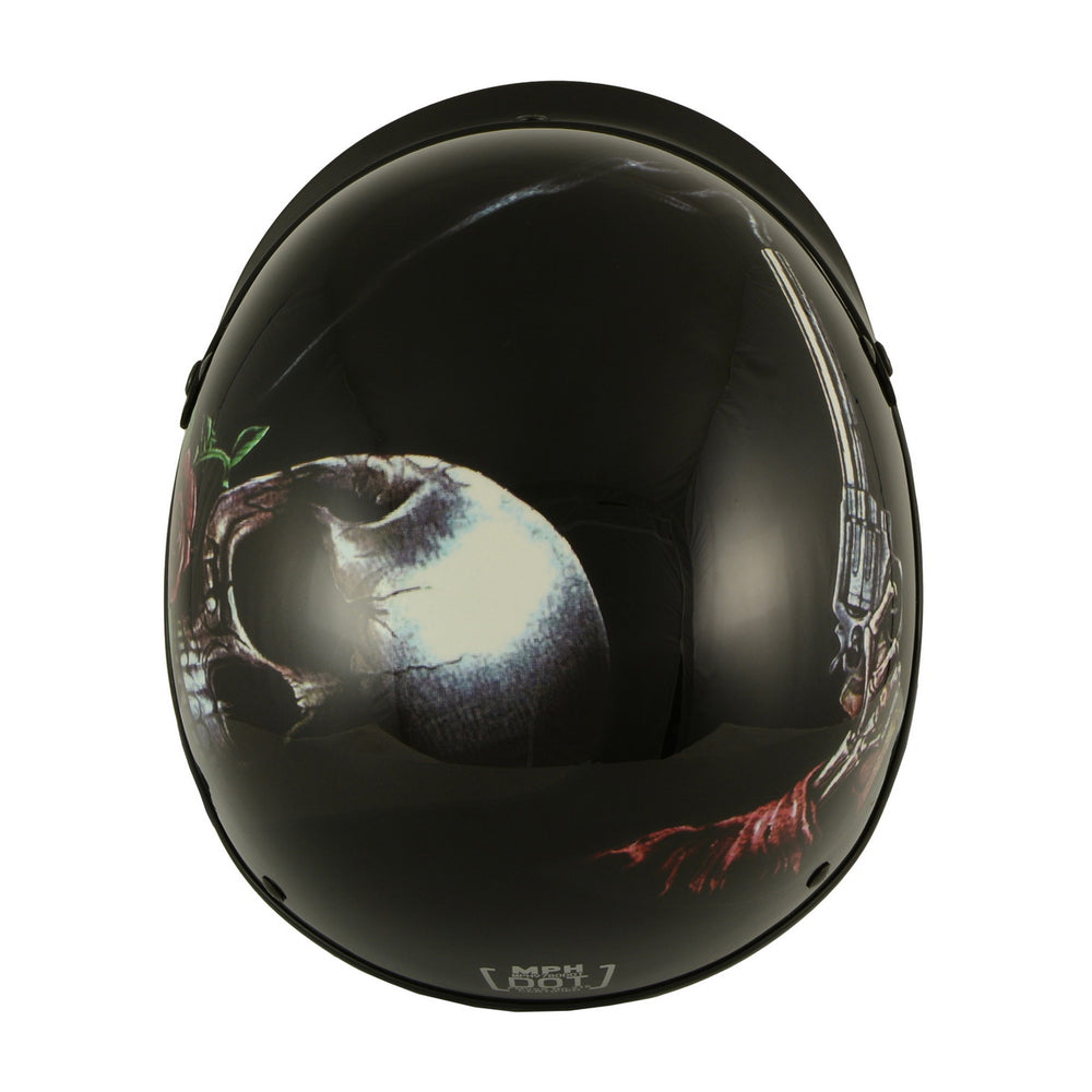 Milwaukee Helmets MPH9780 Black Rose Skull & Revolver DOT Half Helmet