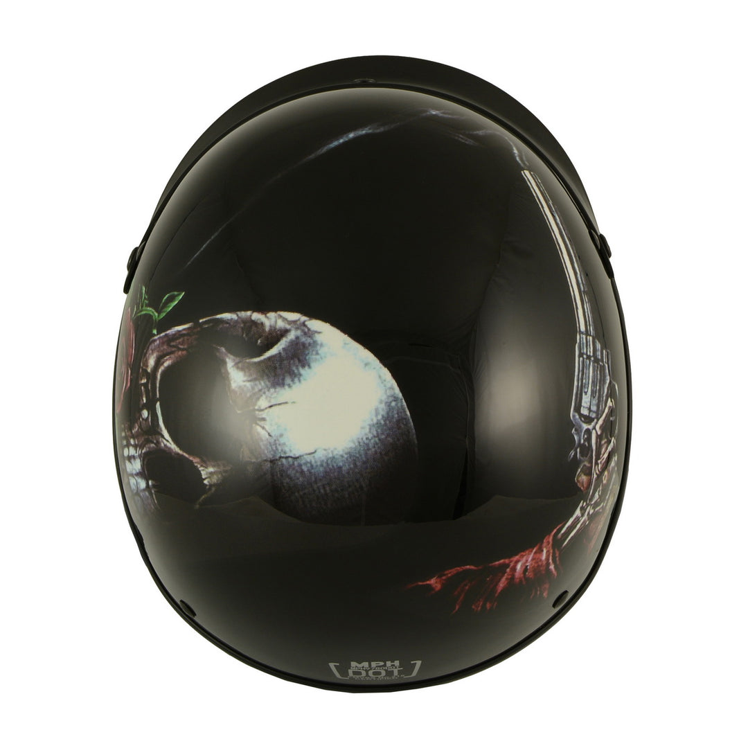 Milwaukee Helmets MPH9780 Black Rose Skull &amp; Revolver DOT Half Helmet