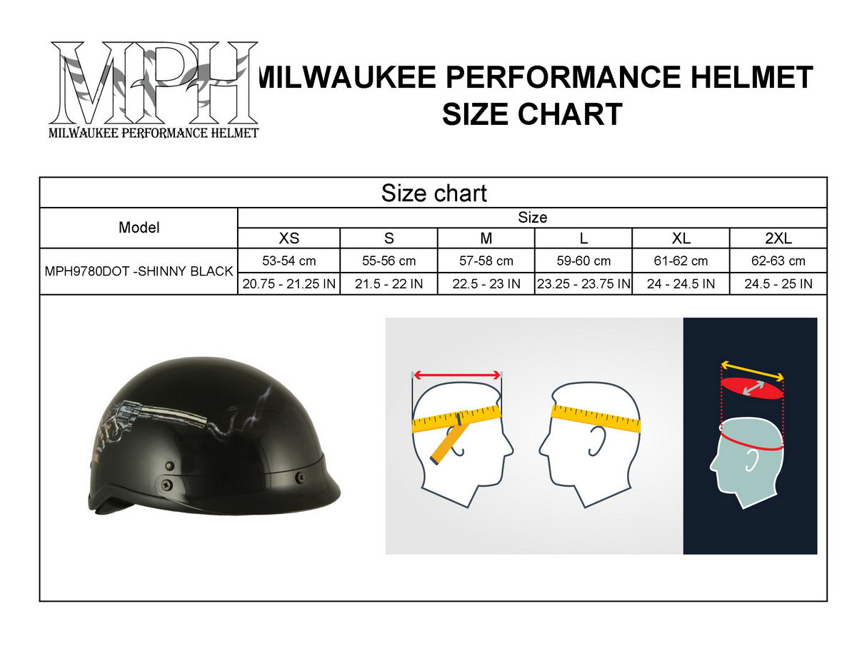 Milwaukee Helmets MPH9780 Black 'Rose Skull & Revolver' DOT Half Helmet