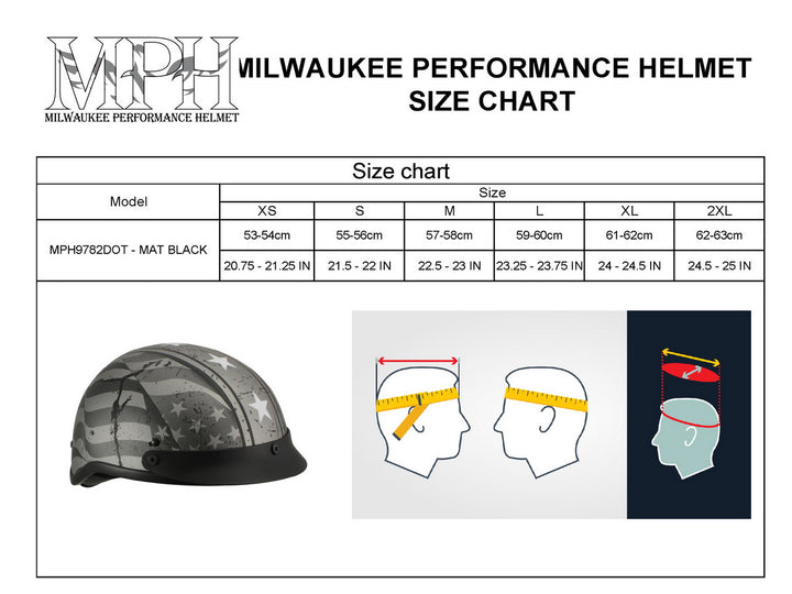 Milwaukee Helmets MPH9782 Black Vintage Grey Stars and Stripes DOT Half Helmet