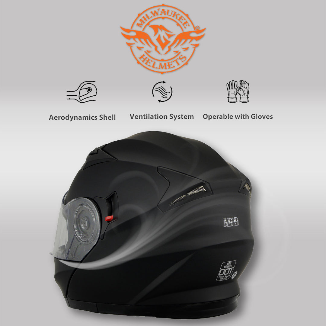 Milwaukee Performance Helmets MPH9803DOT Ionized Matte Black Advanced Modular Motorcycle Helmet w/ Drop Down Visor