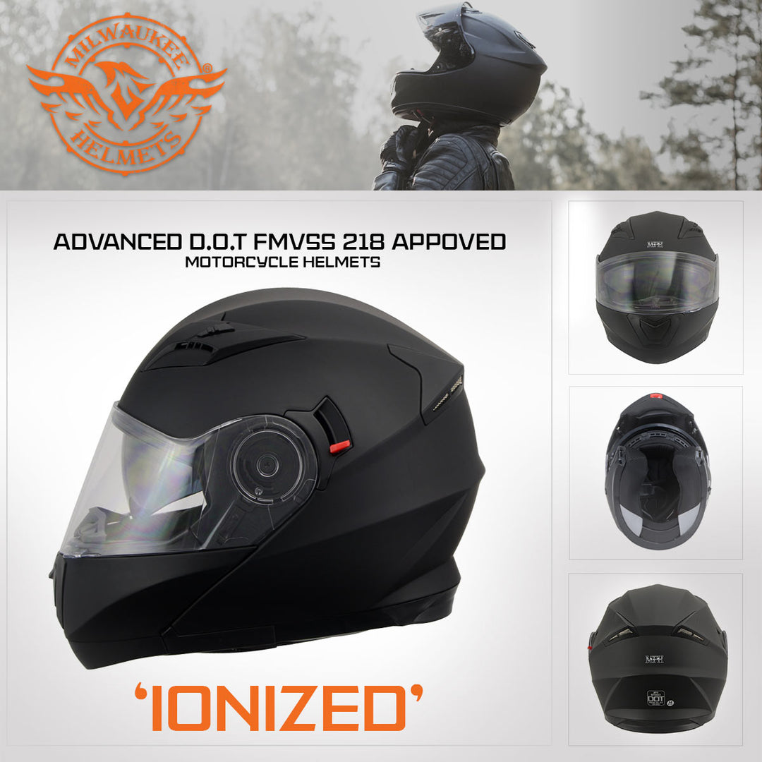 Milwaukee Performance Helmets MPH9803DOT Ionized Matte Black Advanced Modular Motorcycle Helmet w/ Drop Down Visor