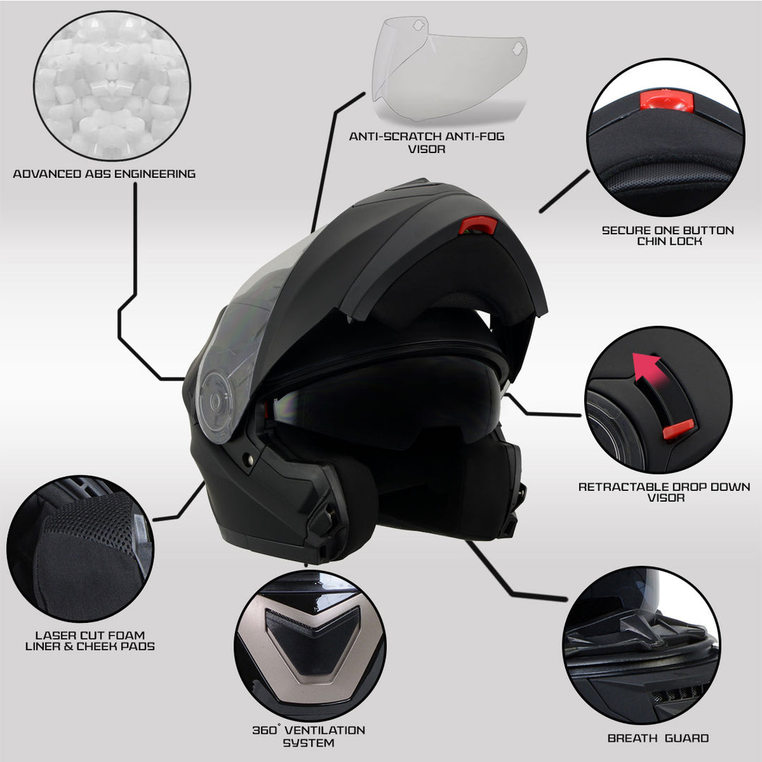 Milwaukee Performance Helmets MPH9803DOT Ionized Matte Black Advanced Modular Motorcycle Helmet w/ Drop Down Visor