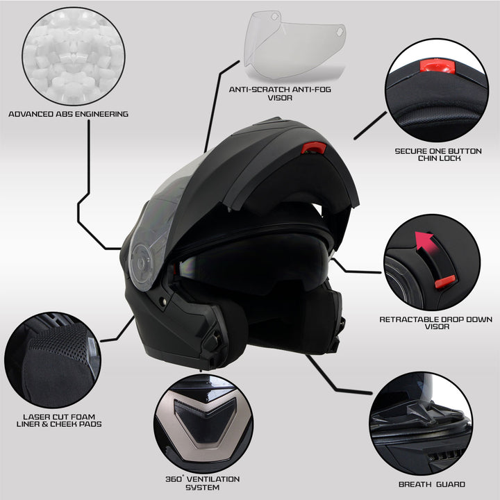 Milwaukee Performance Helmets MPH9803DOT Ionized Matte Black Advanced Modular Motorcycle Helmet w/ Drop Down Visor