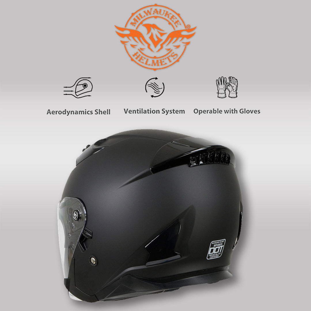 Milwaukee Performance Helmets MPH9805DOT 'Shift' Open Face 3/4 Matte Black Helmet for Men and Women Biker with Drop Down Tinted Visor Milwaukee Performance Helmets MPH9805DOT 'Shift' Open Face 3/4 Matte Black Helmet for Men and Women Biker with Drop Down Tinted Visor