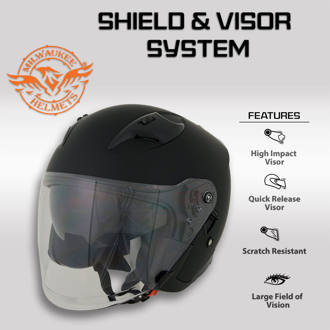 Milwaukee Performance Helmets MPH9805DOT 'Shift' Open Face 3/4 Matte Black Helmet for Men and Women Biker with Drop Down Tinted Visor Milwaukee Performance Helmets MPH9805DOT 'Shift' Open Face 3/4 Matte Black Helmet for Men and Women Biker with Drop Down Tinted Visor