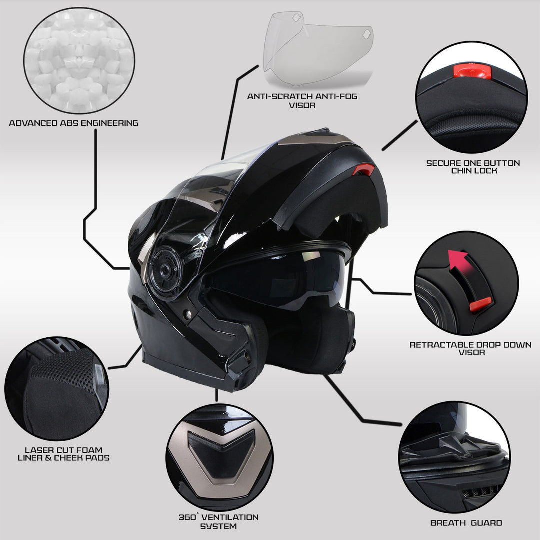 Milwaukee Helmets MPH9806DOT Ionized Gloss Black Advanced Motorcycle Modular Helmet Biker w/ Drop Down Visor Milwaukee Helmets MPH9806DOT Ionized Gloss Black Advanced Motorcycle Modular Helmet Biker w/ Drop Down Visor
