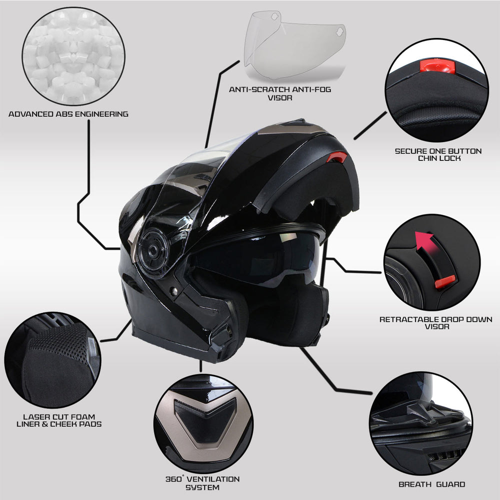 Milwaukee Helmets MPH9806DOT Ionized Gloss Black Advanced Motorcycle Modular Helmet Biker w/ Drop Down Visor