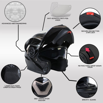 Milwaukee Helmets MPH9806DOT 'Ionized' Gloss Black Advanced Motorcycle Modular Helmet for Men and Women Biker w/ Drop Down Visor