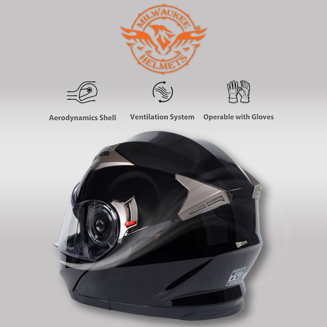 Milwaukee Helmets MPH9806DOT Ionized Gloss Black Advanced Motorcycle Modular Helmet Biker w/ Drop Down Visor