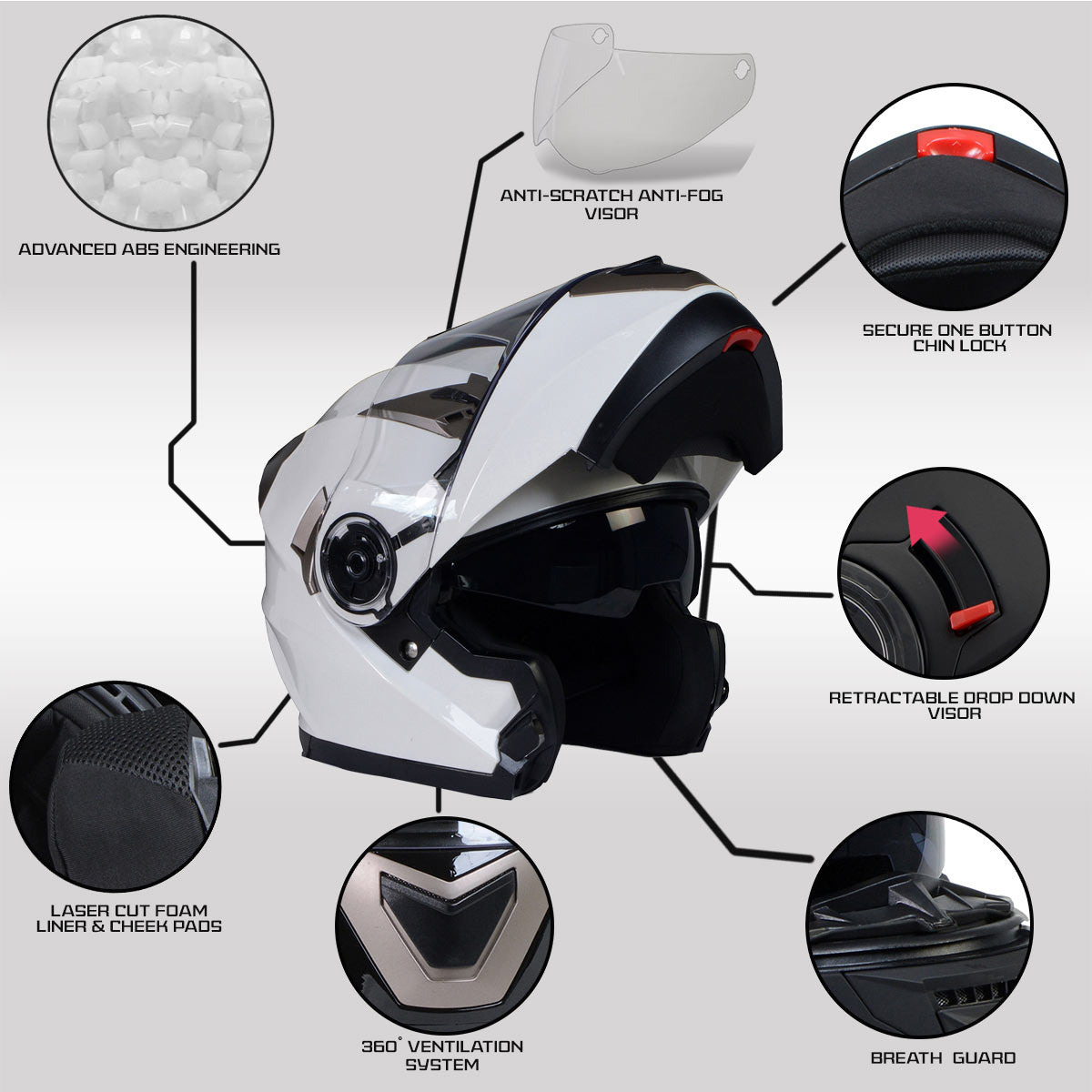 Milwaukee Helmets MPH9807DOT Ionized Gloss White Advanced Motorcycle Modular Helmet Biker w/ Drop Down Visor