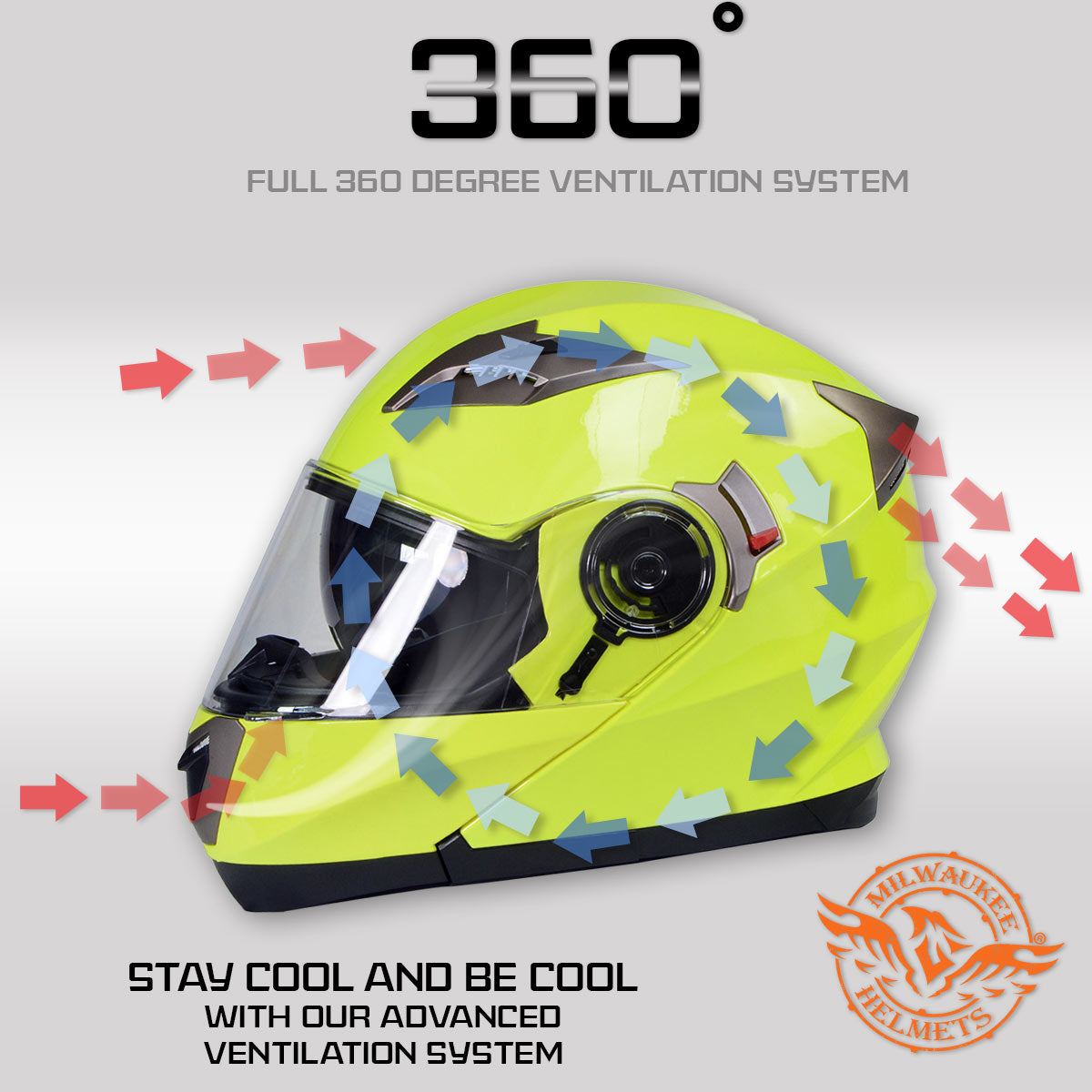 Milwaukee Helmets MPH9809DOT Ionized Neon Yellow Advanced Motorcycle Modular Helmet Biker w/ Drop Down Visor