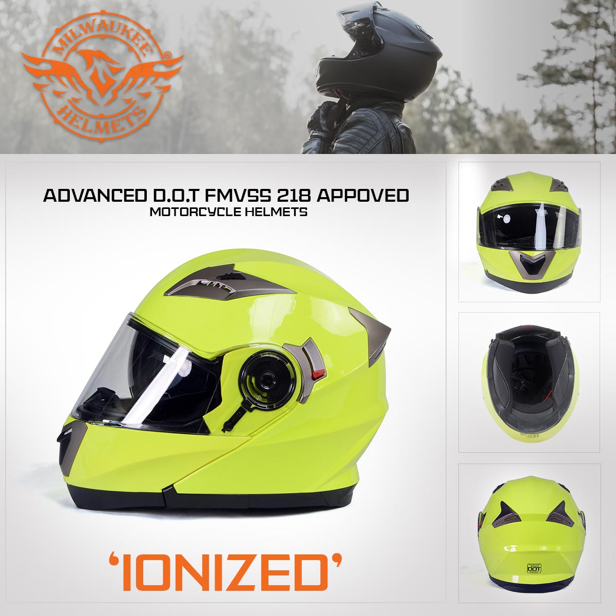 Milwaukee Helmets MPH9809DOT Ionized Neon Yellow Advanced Motorcycle Modular Helmet Biker w/ Drop Down Visor