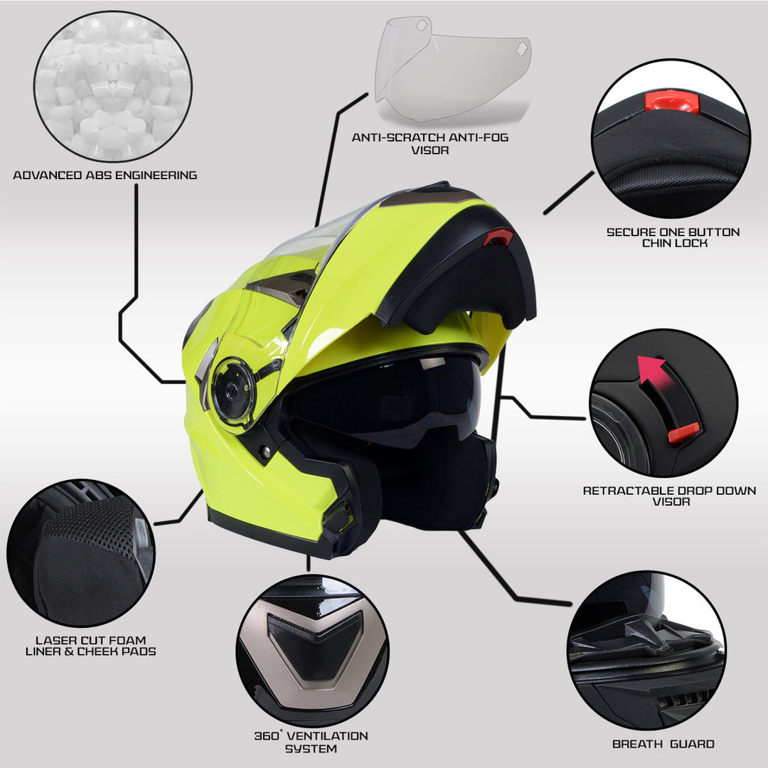 abs foam motorcycle helmet Milwaukee Helmets MPH9809DOT Ionized Neon Yellow Advanced Motorcycle Modular Helmet Biker w/ Drop Down Visor