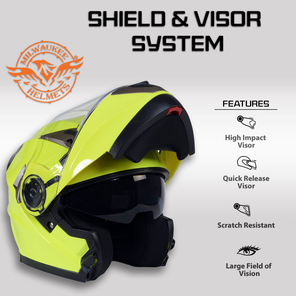 Milwaukee Helmets MPH9809DOT Ionized Neon Yellow Advanced Motorcycle Modular Helmet Biker w/ Drop Down Visor