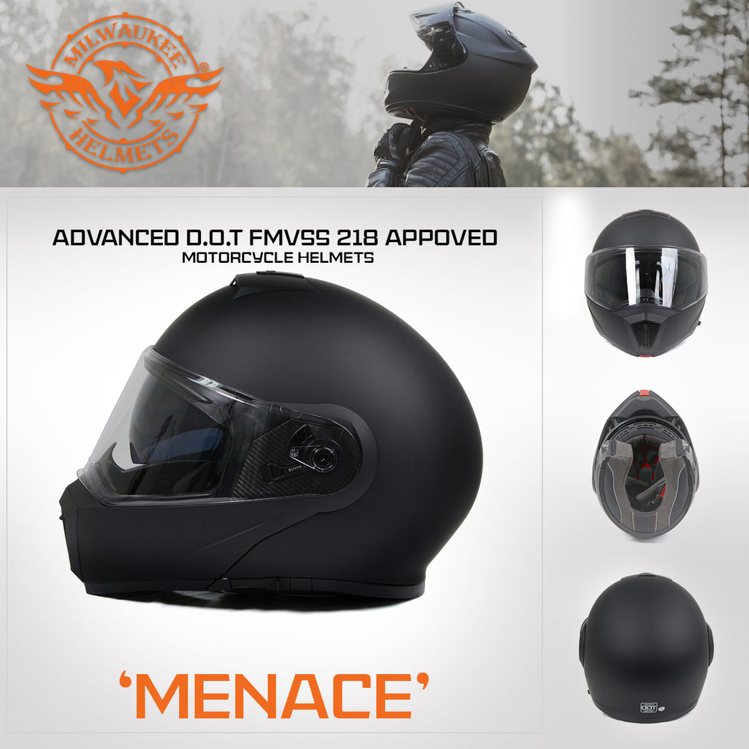 flat black motorcycle helmets Milwaukee Helmets MPH9812DOT Flat Black Menace Advanced Motorcycle Modular Helmet Biker w/ Drop Down Visor
