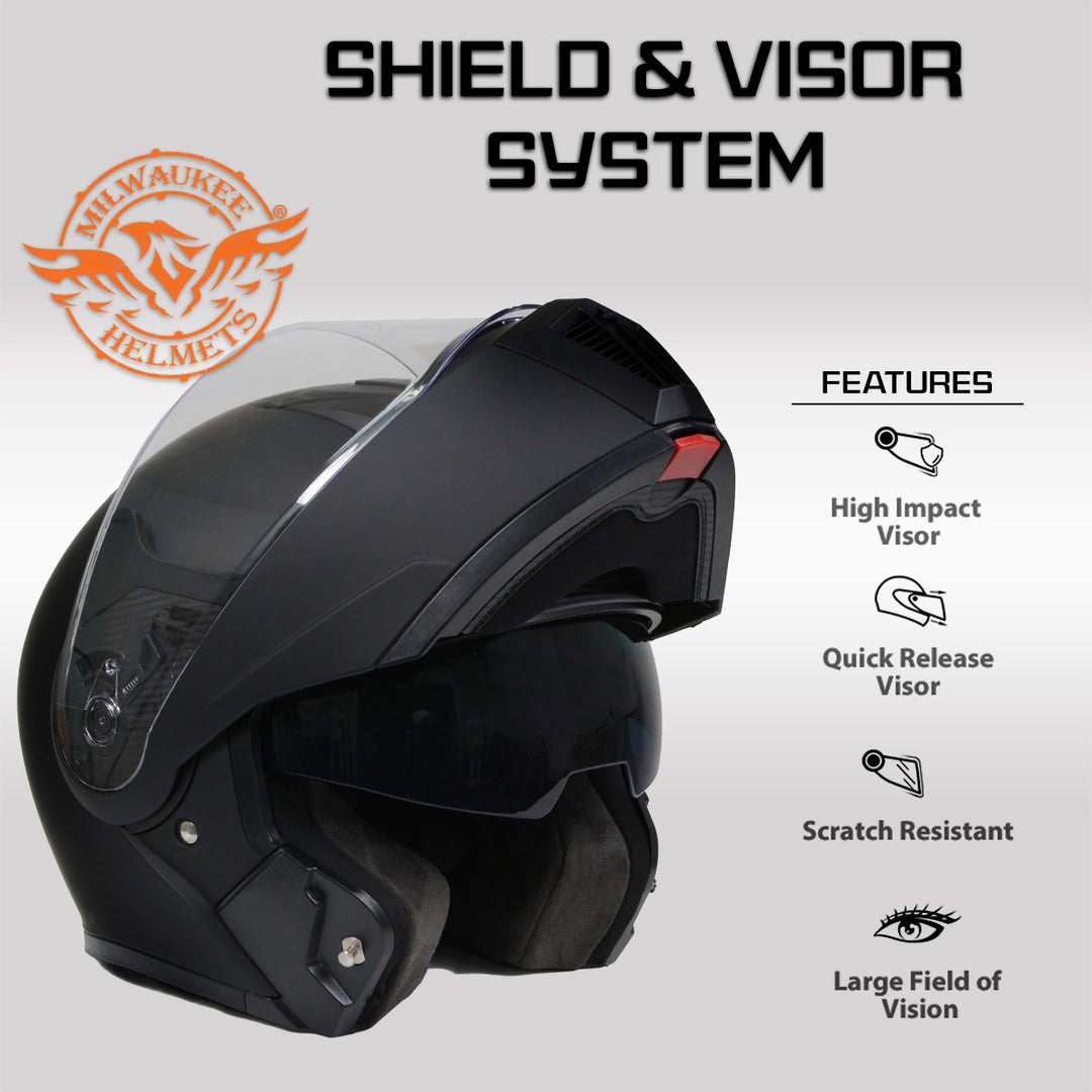black motorcycle helmet full shield Milwaukee Helmets MPH9812DOT Flat Black Menace Advanced Motorcycle Modular Helmet Biker w/ Drop Down Visor