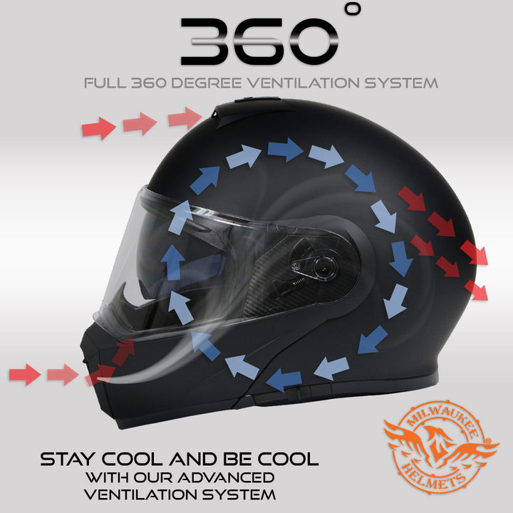 Milwaukee Helmets MPH9812DOT Flat Black Menace Advanced Motorcycle Modular Helmet Biker w/ Drop Down Visor