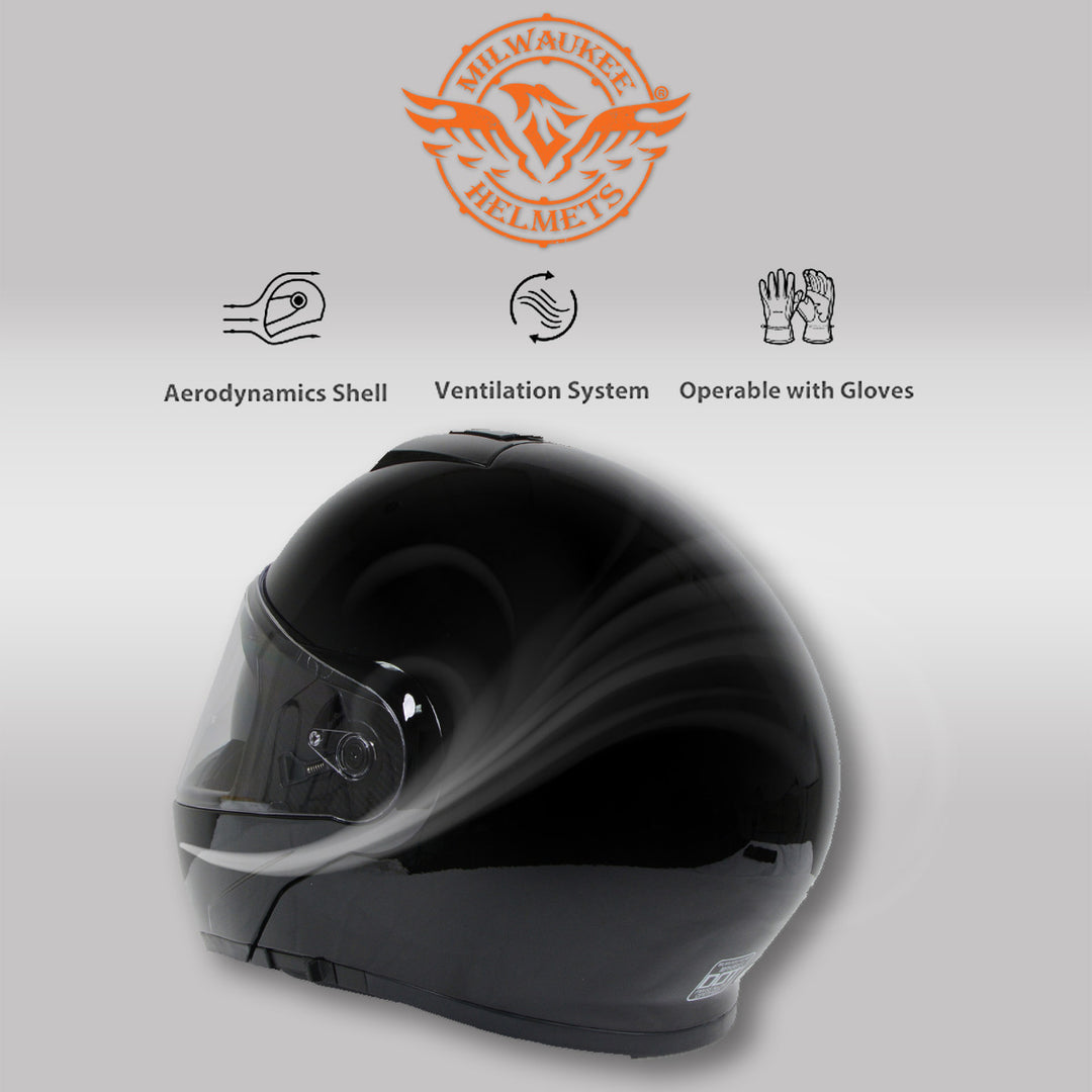 Milwaukee Helmets MPH9813DOT Gloss Black Menace DOT Approved Motorcycle Modular Helmet w/ Drop Down Visor