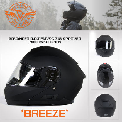 Milwaukee Helmets Breeze Flat Black Advanced Motorcycle Modular Helmet w/ Drop Down Visor for Men and Women DOT Approved MPH9814DOT