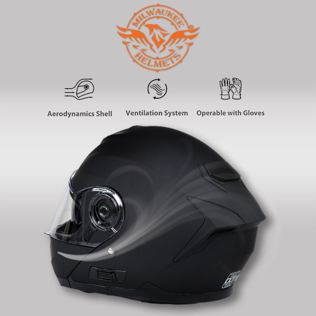 full face dot certified bluetooth motorcycle helmets Milwaukee Helmets Breeze Flat Black Advanced Motorcycle Modular Helmet w/ Drop Down Visor DOT Approved MPH9814DOT