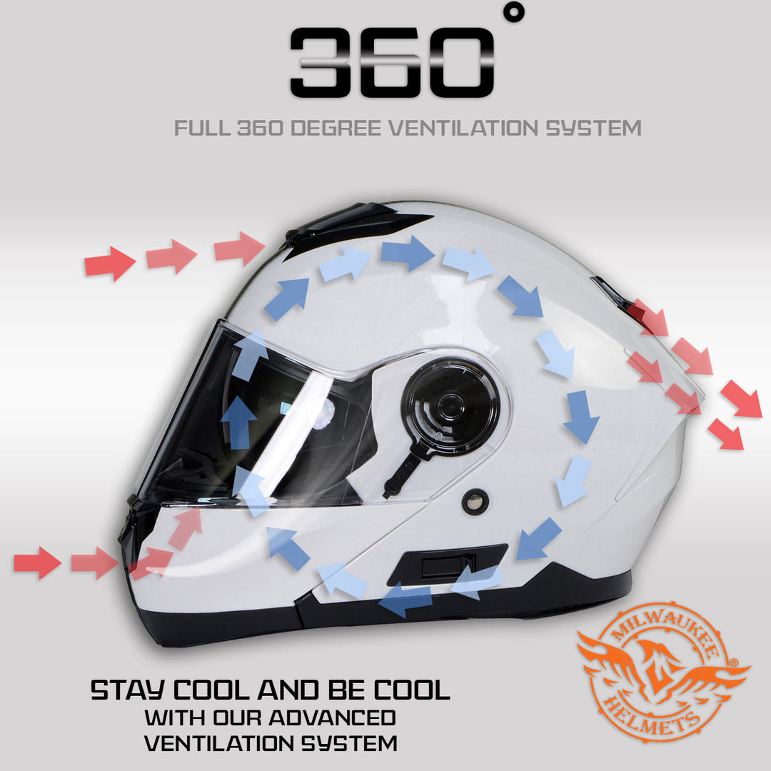 Milwaukee Helmets MPH9816DOT Breeze White Advanced Motorcycle Modular Helmet Biker w/ Drop Down Visor