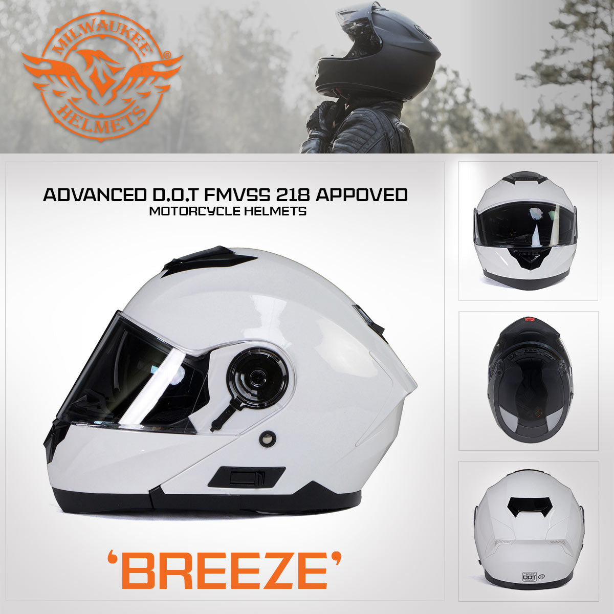 Milwaukee Helmets MPH9816DOT 'Breeze' White Modular Helmet for Men and Women Biker w/ MP7922FMSET Heated Balaclava Bundle