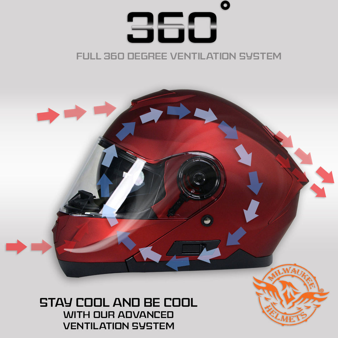 Milwaukee Helmets MPH9817DOT 'Breeze' Red Advanced Motorcycle Modular Helmet With Drop Down Visor Milwaukee Helmets MPH9817DOT 'Breeze' Red Advanced Motorcycle Modular Helmet With Drop Down Visor