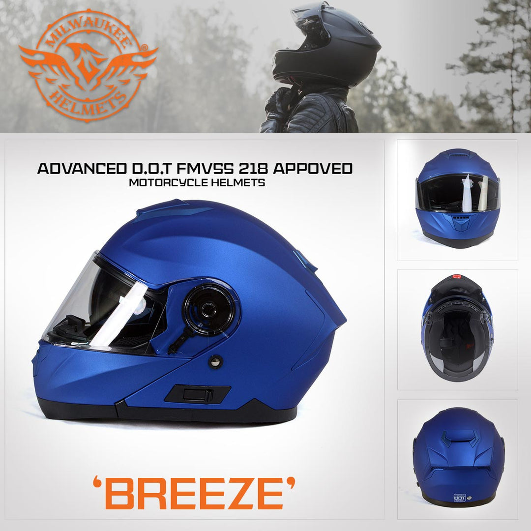 blue full face motorcycle helmet Milwaukee Helmets MPH9818DOT Breeze Blue Advanced Motorcycle Modular Helmet Biker w/ Drop Down Visor