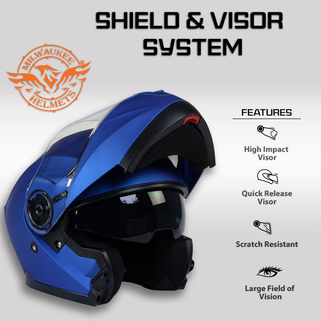 full face motorcycle helmet blue Milwaukee Helmets MPH9818DOT Breeze Blue Advanced Motorcycle Modular Helmet Biker w/ Drop Down Visor