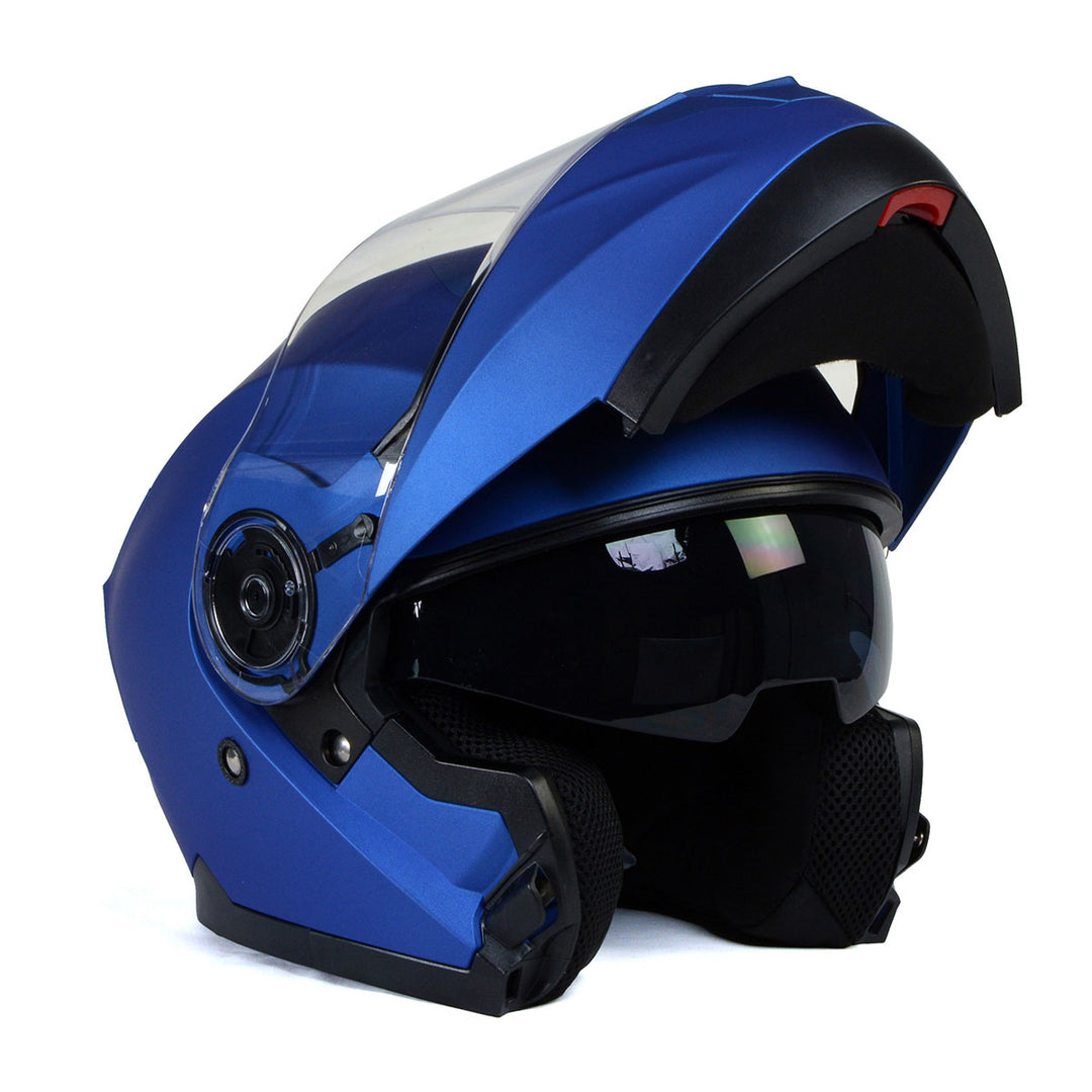 dark blue open face motorcycle helmet Milwaukee Helmets MPH9818DOT Breeze Blue Advanced Motorcycle Modular Helmet Biker w/ Drop Down Visor