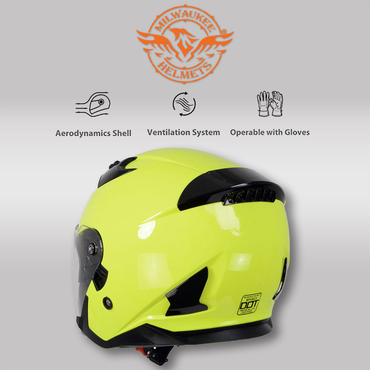 Milwaukee Helmets MPH9823DOT Shift Open Face 3/4 Neon Yellow