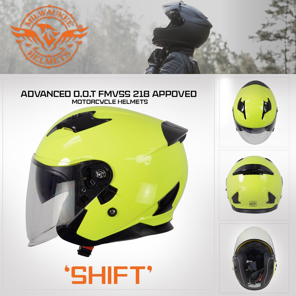 Milwaukee Helmets MPH9823DOT Shift Open Face 3/4 Neon Yellow
