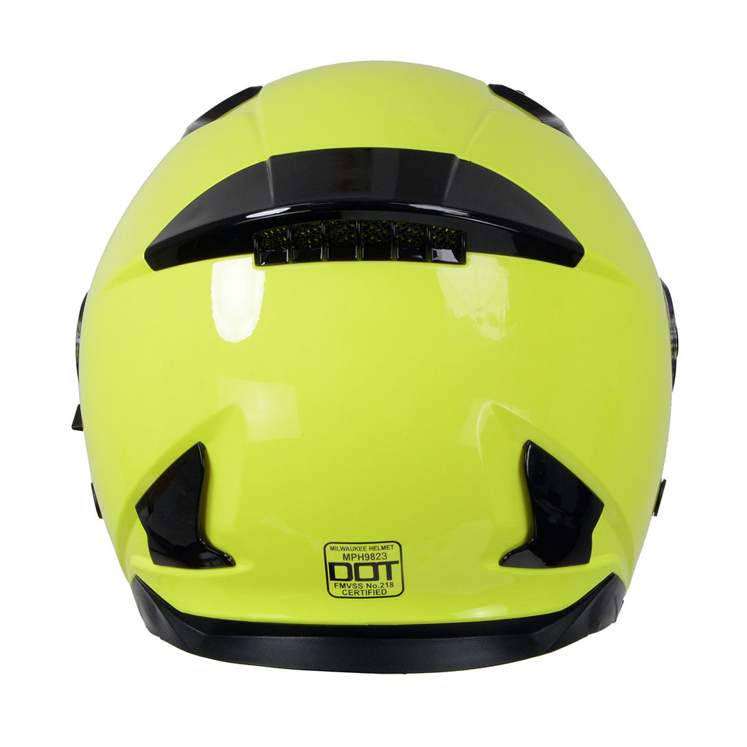 bright yellow motorcycle helmet Milwaukee Helmets MPH9823DOT Shift Open Face 3/4 Neon Yellow Helmet Biker w/ Drop Down Visor