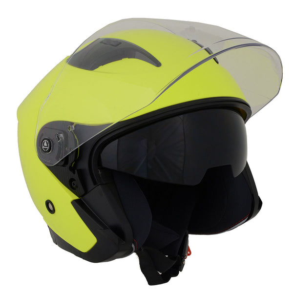 fluorescent yellow motorcycle helmet Milwaukee Helmets MPH9823DOT Shift Open Face 3/4 Neon Biker w/ Drop Down Visor Max Vision (VAS NEXX SX.100 Toxic Black /