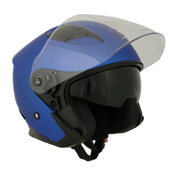 blue open face motorcycle helmet Milwaukee Helmets MPH9825DOT Shift Open Face 3/4 Blue Helmet Biker w/ Drop Down Visor for Men