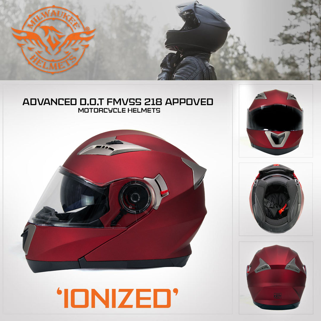 dot red motorcycle helmets Milwaukee Helmets MPH9826DOT 'Ionized' Flat Red Advanced Motorcycle Modular Helmet w/ Drop Down Visor