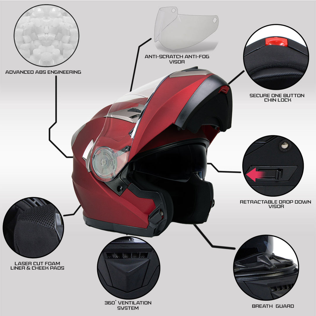 Milwaukee Helmets MPH9826DOT 'Ionized' Flat Red Advanced Motorcycle Modular Helmet w/ Drop Down Visor Milwaukee Helmets MPH9826DOT 'Ionized' Flat Red Advanced Motorcycle Modular Helmet w/ Drop Down Visor