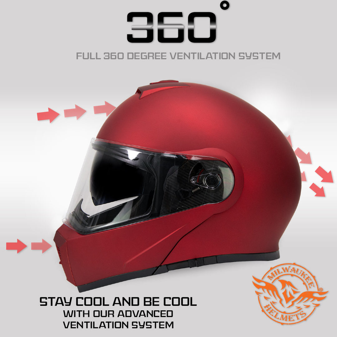 cooled motorcycle helmet Milwaukee Helmets MPH9827DOT 'Cypher' Flat Red Advanced Motorcycle Modular Helmet w/Drop Down Visor