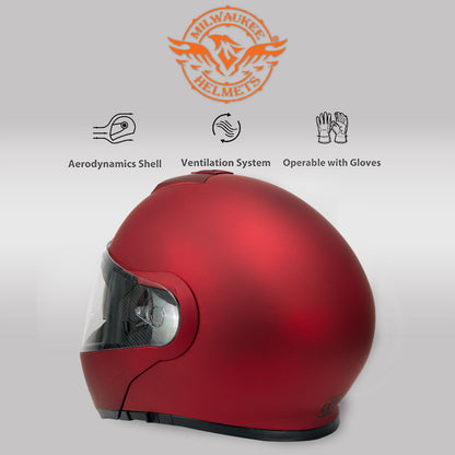 Milwaukee Helmets MPH9827DOT 'Cypher' Flat Red Advanced Motorcycle Modular Helmet w/ Drop Down Visor